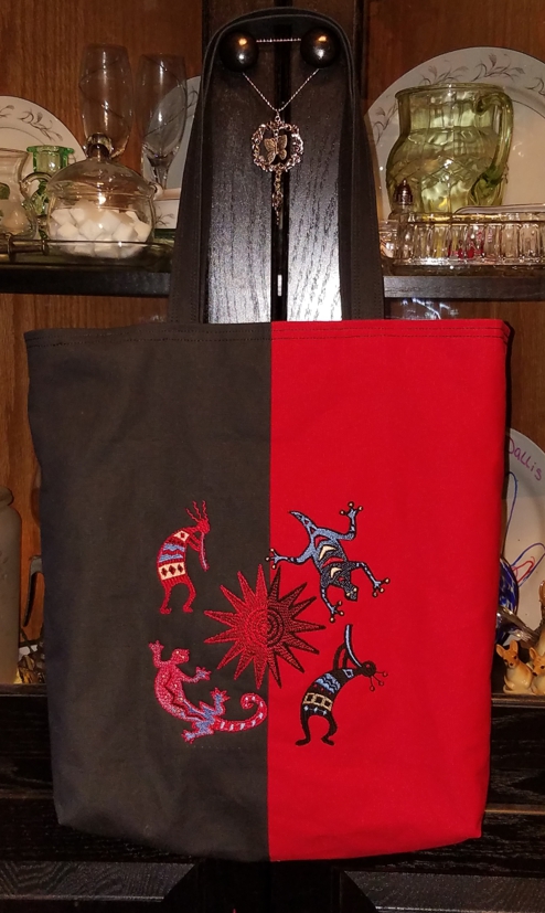 Red-and-Brown totebag with Southwestern Indian motif embroidery